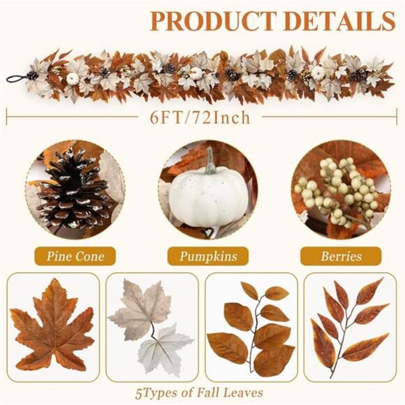 6 FT Fall Garland with Lights Automatic ON/Off Fall Leaves Mantle Garland - Picture 3 of 7